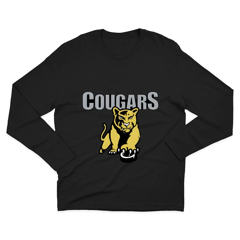 Fierce Yellow Cougar Sports Team Logo with Gray Text Male Long Sleeve T-Shirt