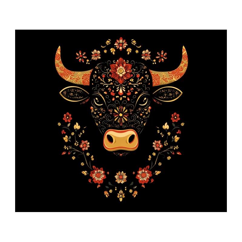 Ornate Floral Bull Head: Stylized Chinese Zodiac Art Tapestry
