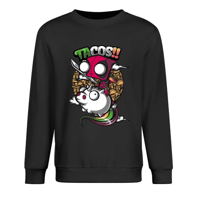 Colorful Cartoon of Tacos with a Unicorn and Knife-wielding Character Male Pullover Sweatshirt