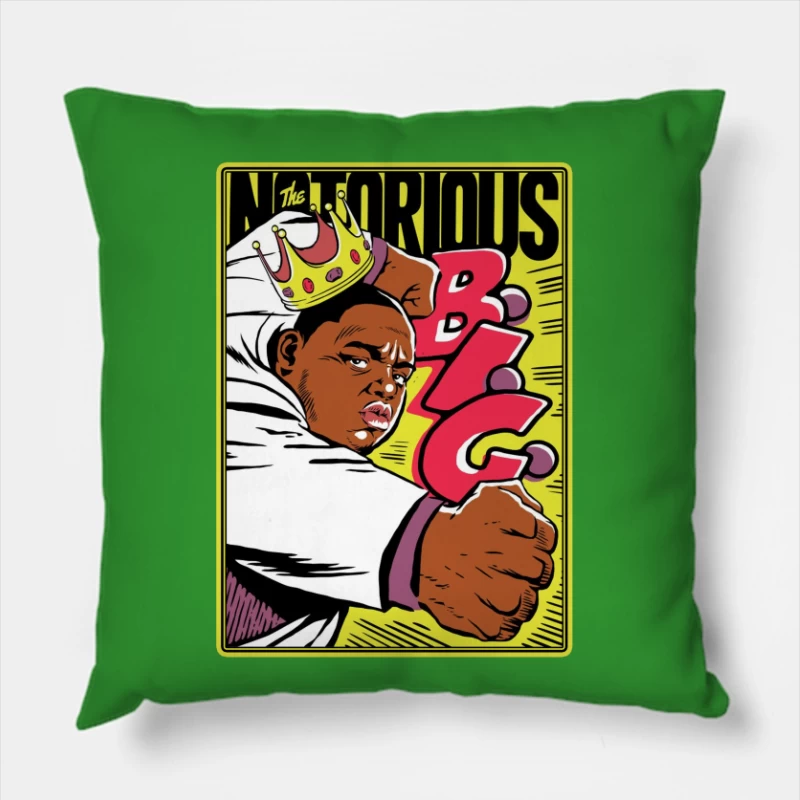 Notorious Hip-Hop Comic Style Illustration with Crown Throw Pillow