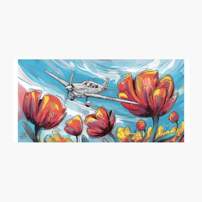 Surreal Painting of Airplane Flying Through Colorful Tulips in Sky Coffee Mug