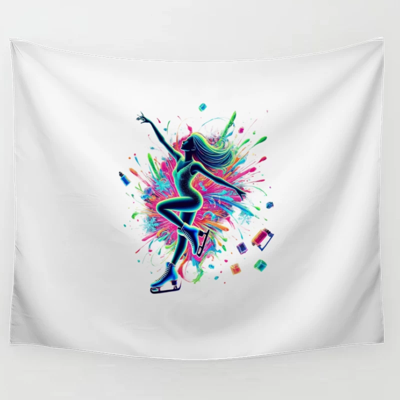 Vibrant Figure Skater in Neon Splash Motion Tapestry