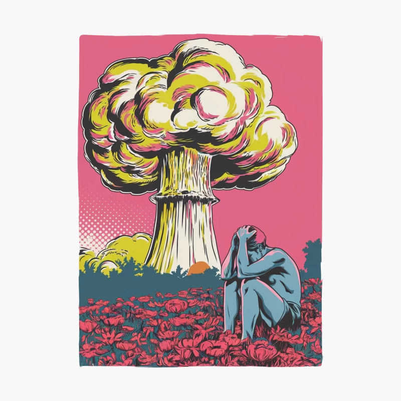 Apocalyptic Despair: Nuclear Explosion Amid Surreal Flower Field Cotton Tote Bag