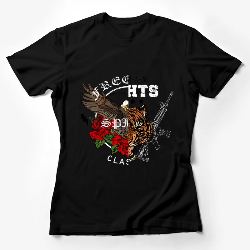 Aigle et tigre avec fusil et fleurs Femme T-Shirt