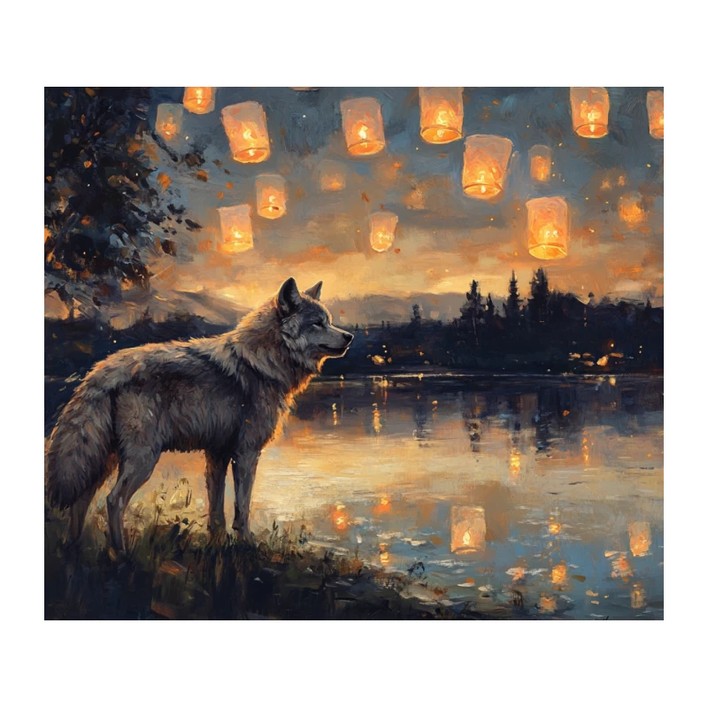 Lone Wolf Gazing at Floating Lanterns over Tranquil Lake Tapestry