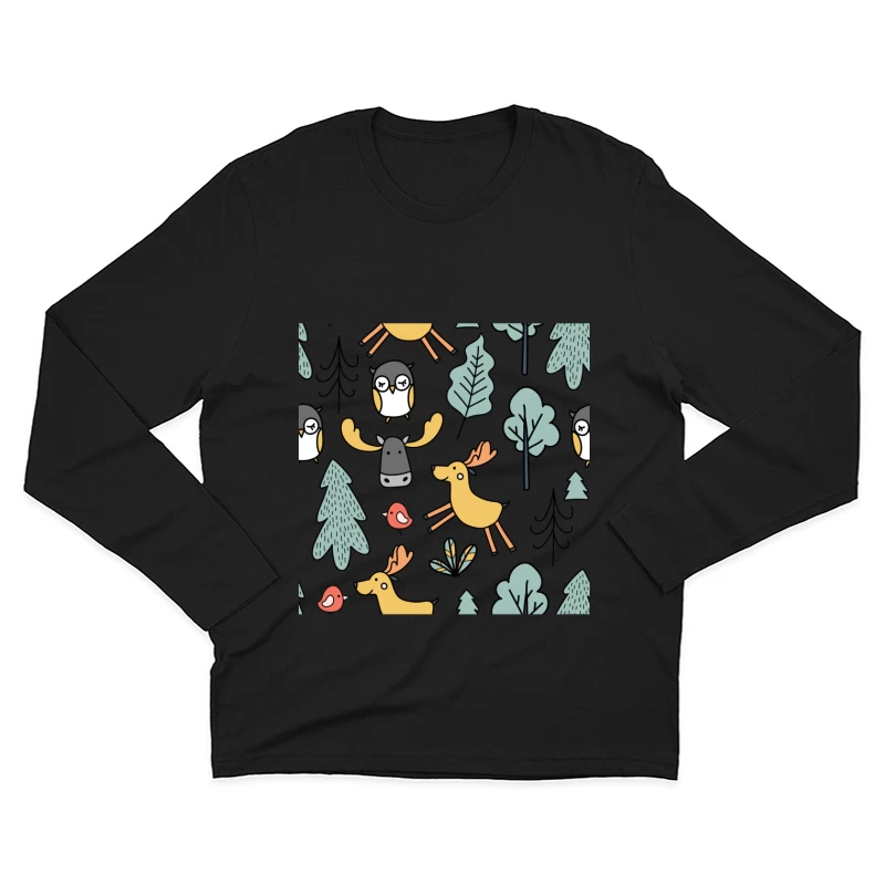 Animaux de la Forêt avec Hiboux et Rennes Homme Manches Longues T-Shirt