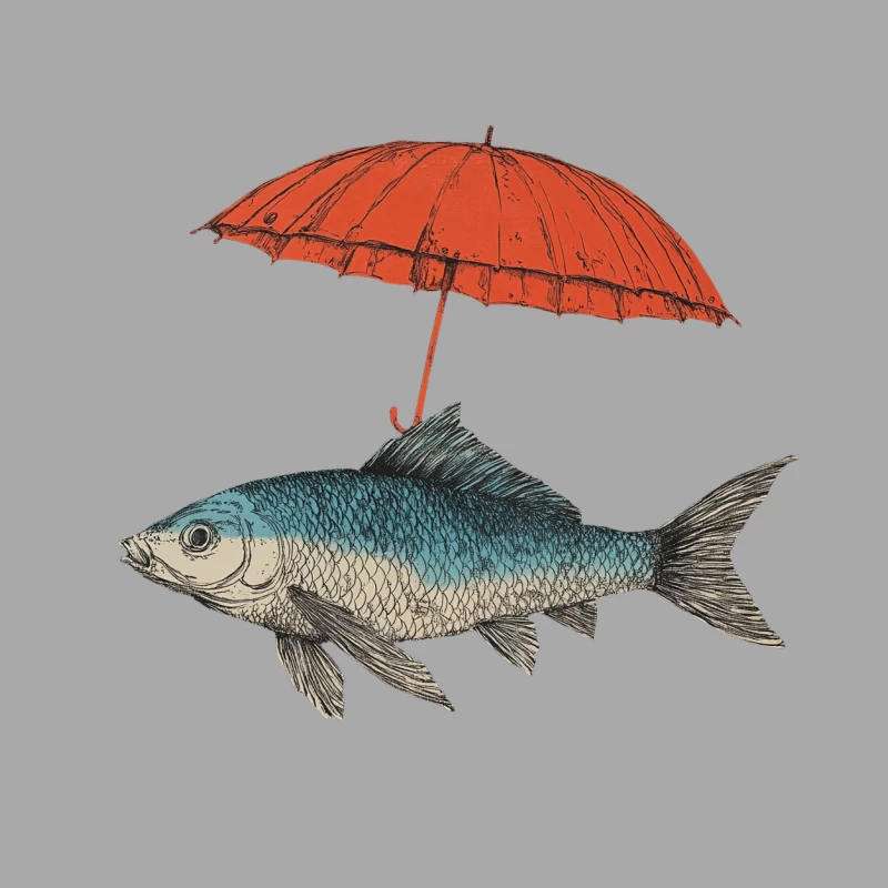 Whimsical Illustration of Fish Under Red Umbrella Male Pullover Hoodie