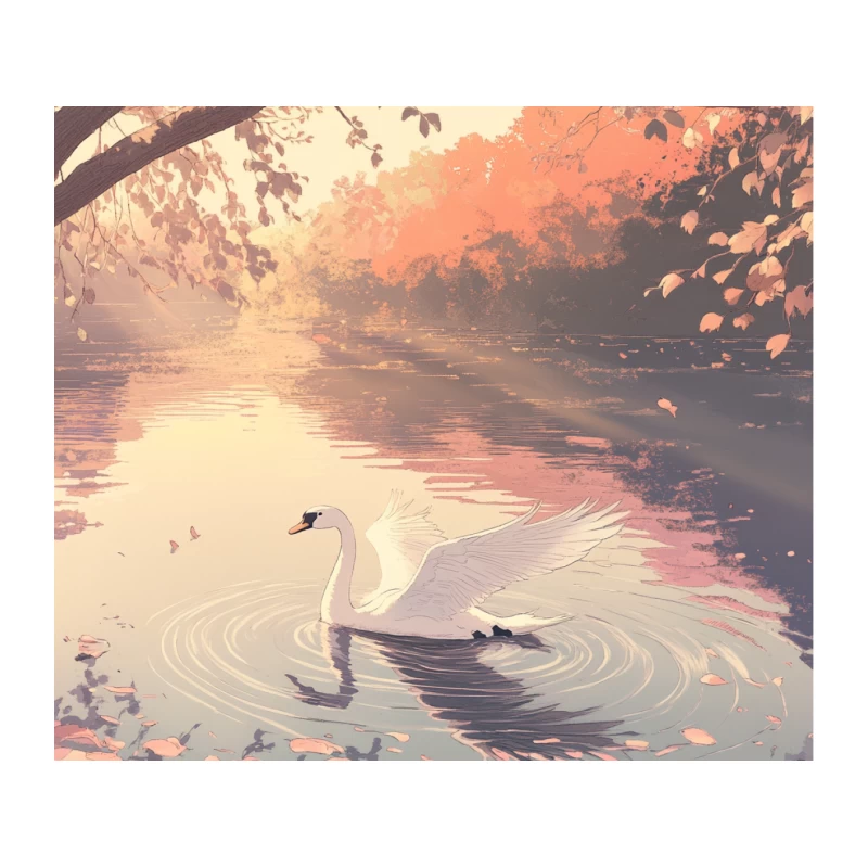 Serene Swan on Autumn Lake at Sunset Tapestry