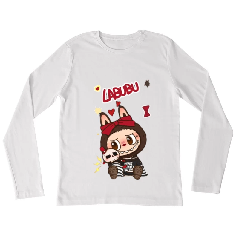 Niedliches Labubu mit roter Schleife Damen Langarm T-Shirt