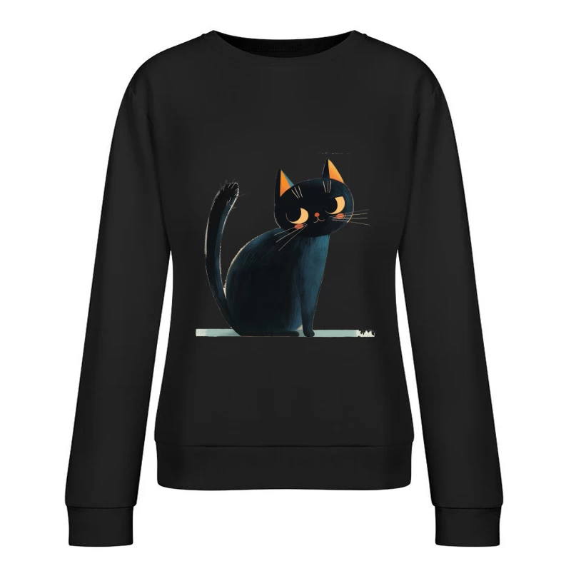 Adorable Black Cat Cartoon Illustration with Orange Ears Female Pullover Sweatshirt