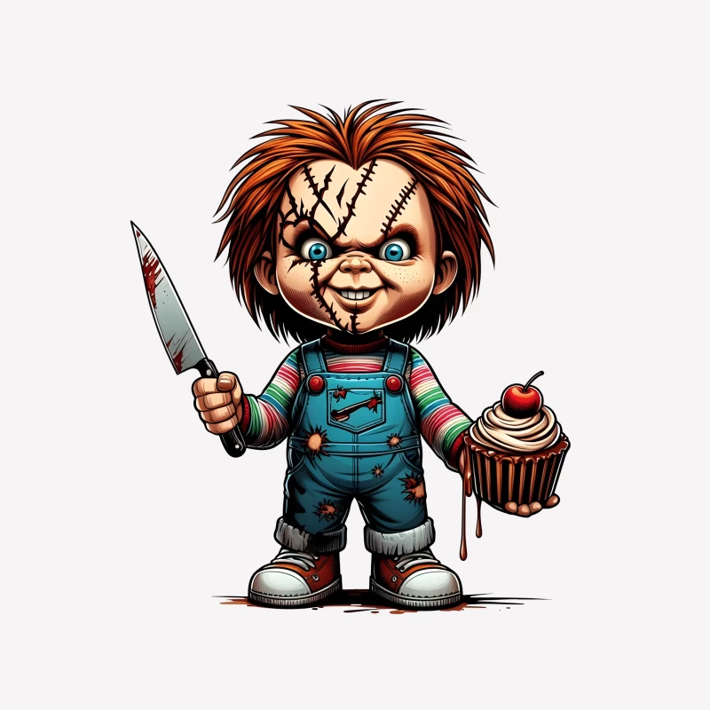 Chucky: Creepy Cartoon Horror Doll with Knife and Cupcake Male T-Shirt