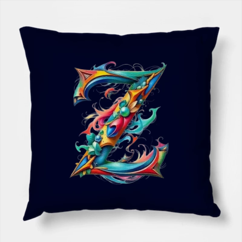 Ornate Floral Letter Z in Vibrant Colors Throw Pillow