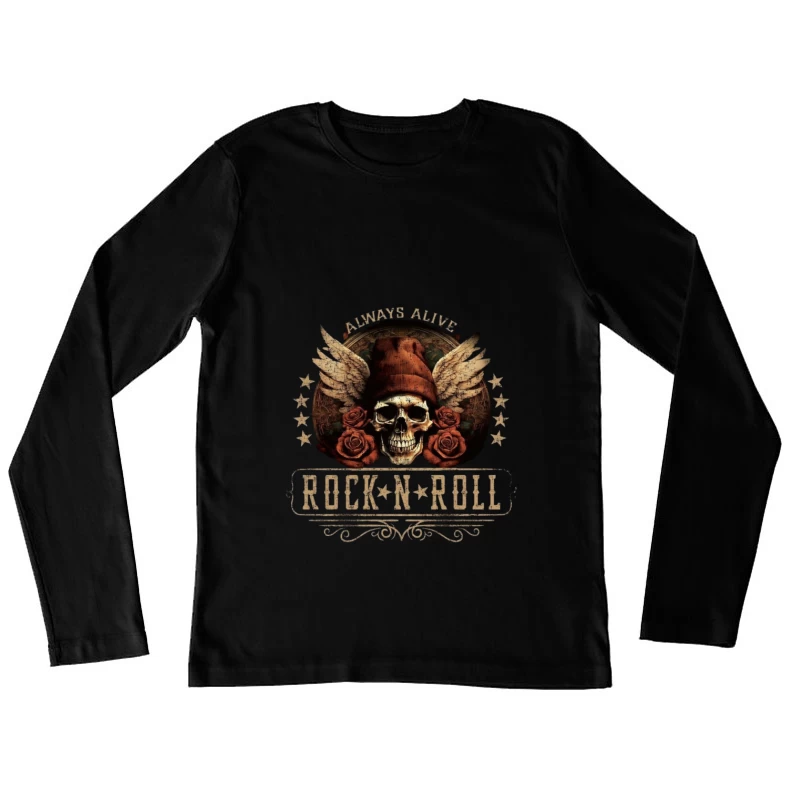 Rock and Roll Skull with Wings and Roses Female Long Sleeve T-Shirt