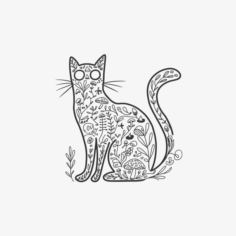 Whimsical Cat Illustration with Nature-Inspired Patterns Male Long Sleeve T-Shirt