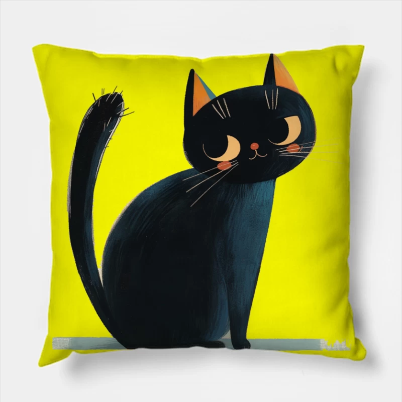 Adorable Black Cat Cartoon Illustration with Orange Ears Throw Pillow