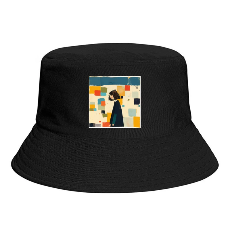 Minimalist Illustration of Figure in Black Coat Against Colorful Abstract Squares Bucket Hat