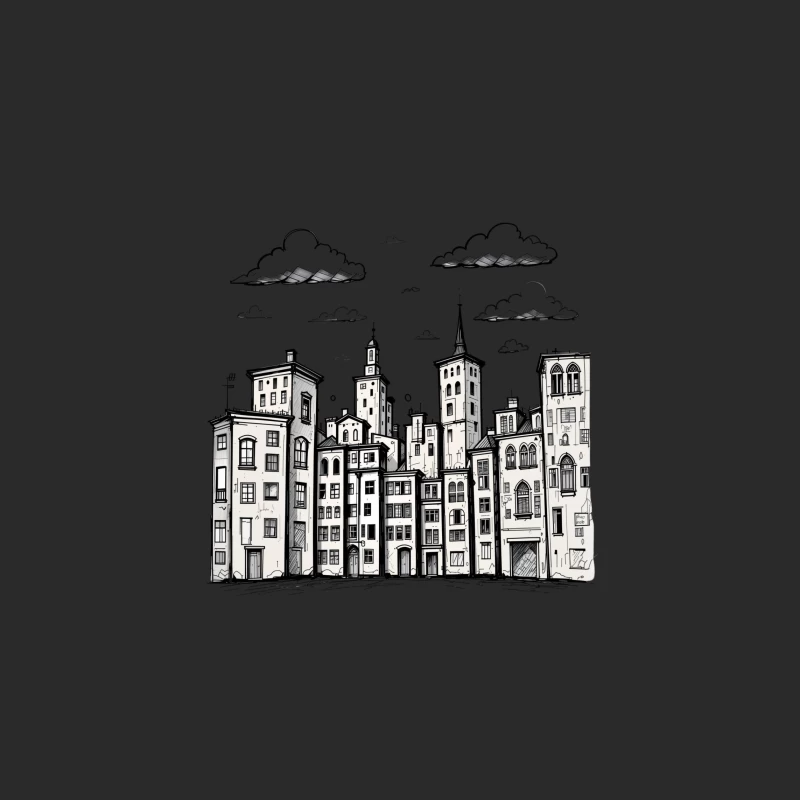 Stylized Black and White Cityscape Illustration Baseball Cap