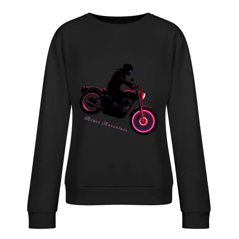 Neon-Glowing Vintage Motorcycle Rider Silhouette Female Pullover Sweatshirt