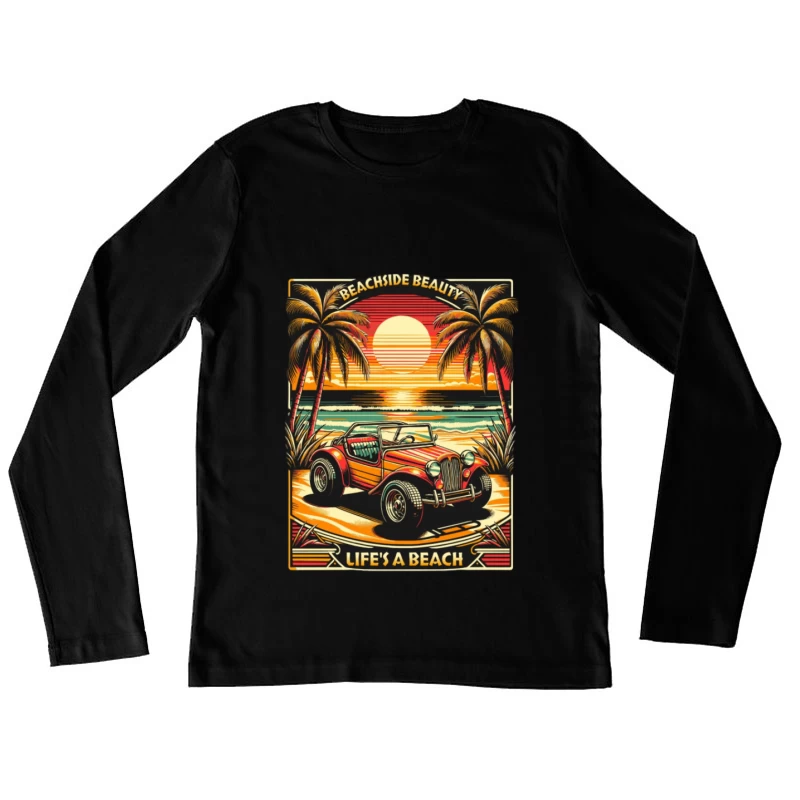 Voiture de plage sous les palmiers au coucher du soleil Femme Manches Longues T-Shirt