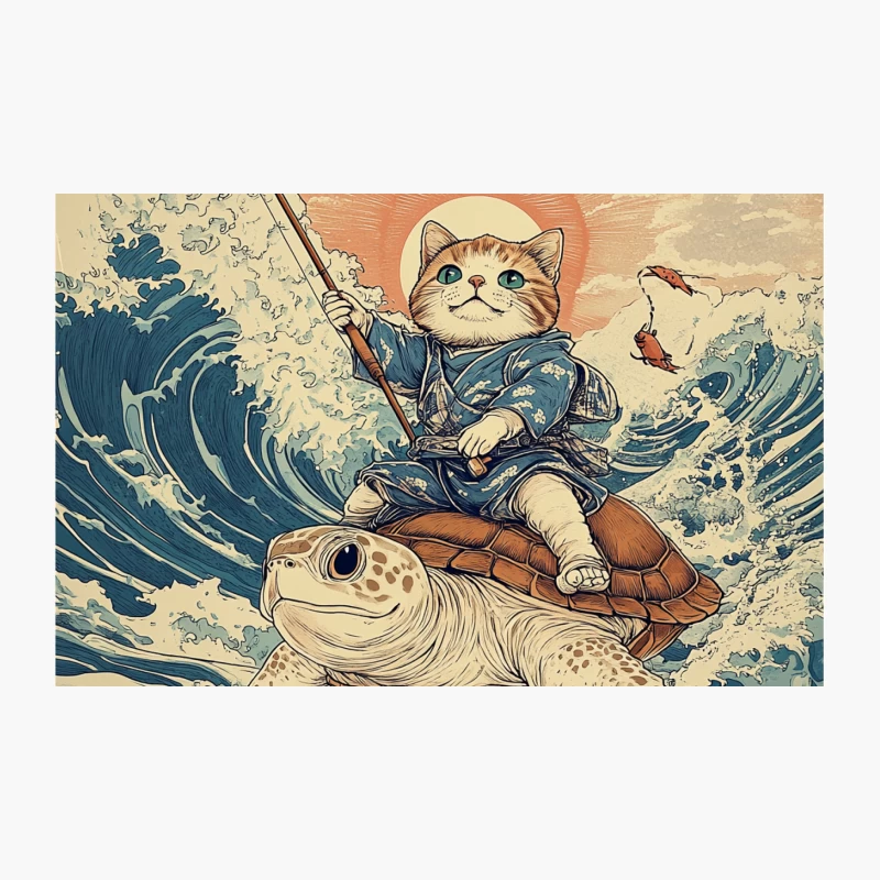 Surreal Cat Fishing on Turtle in Japanese Wave Art Travel Mug