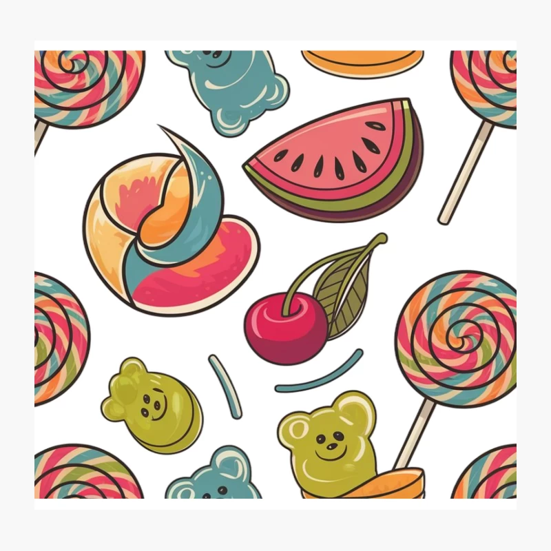 Colorful Sweet Treats Pattern with Candy and Fruit Throw Pillow