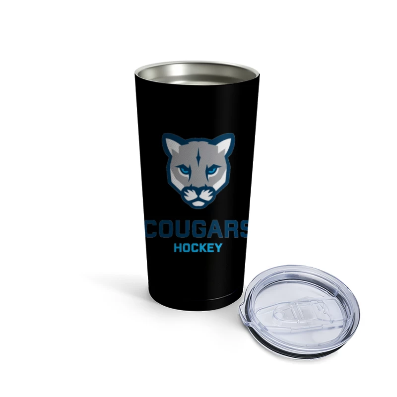 Cougars Hockey Team Logo with Blue and Gray Cougar Head Design Travel Mug