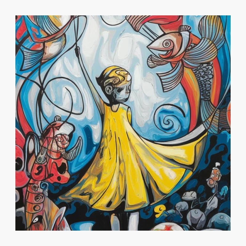 Whimsical Surrealist Scene with Yellow-Dressed Figure and Abstract Shapes Pin