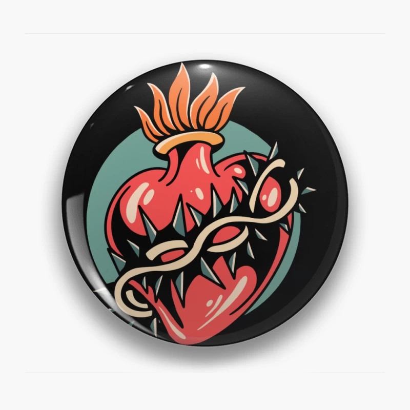 Illustration of a Heart with Thorns and Flame Pin