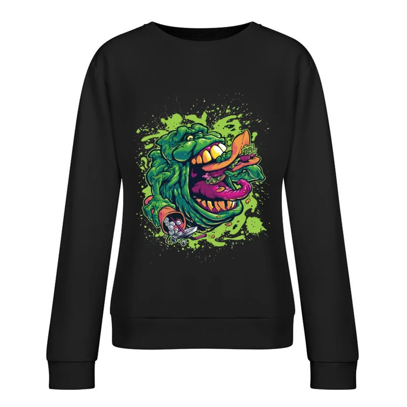 Colorful Monster Eating Food Illustration Female Pullover Sweatshirt