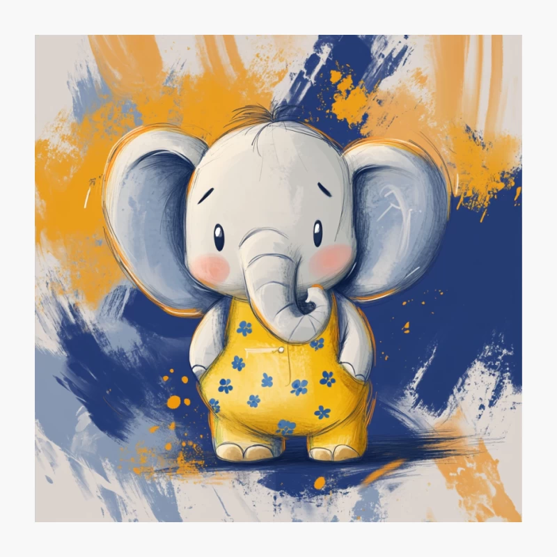 Cute Baby Elephant in Yellow Floral Dress Digital Art Illustration Pin