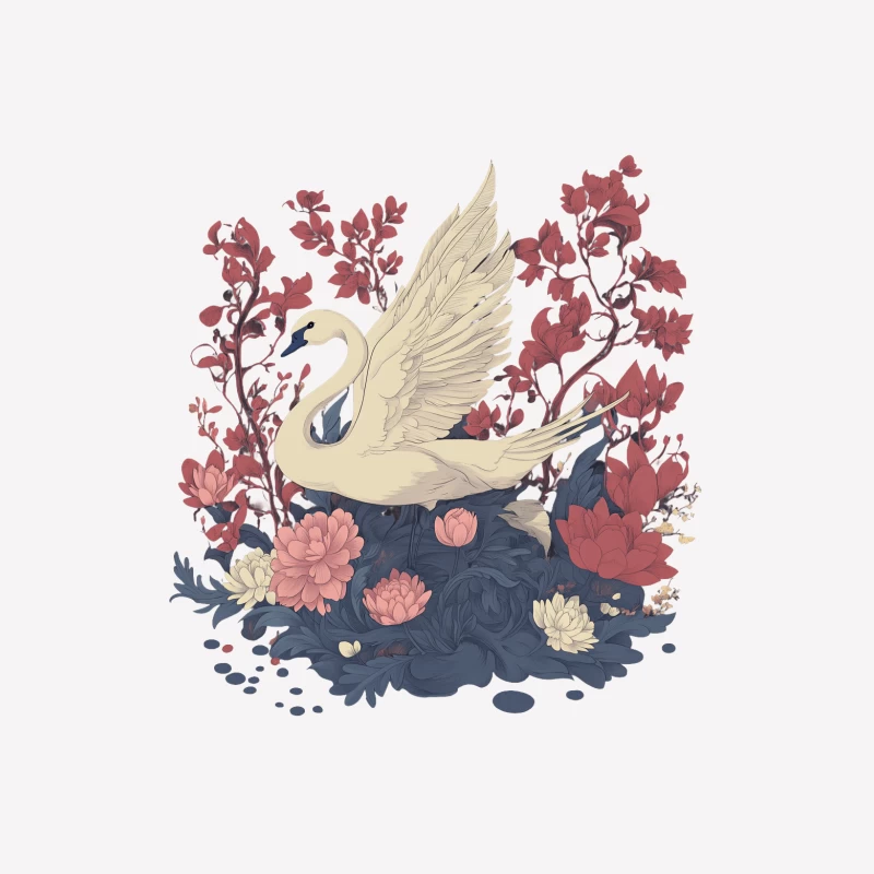 Elegant Swan Amidst Floral Botanical Illustration Female T-Shirt