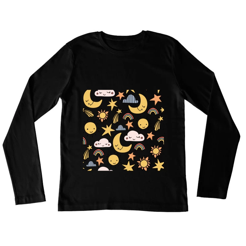 Ciel de nuit joyeux avec lune et étoiles Femme Manches Longues T-Shirt