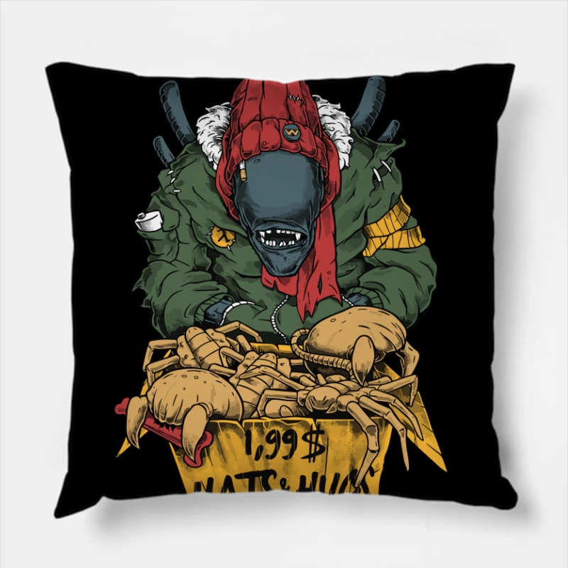 Monster Hat Vendor with Crabs Throw Pillow