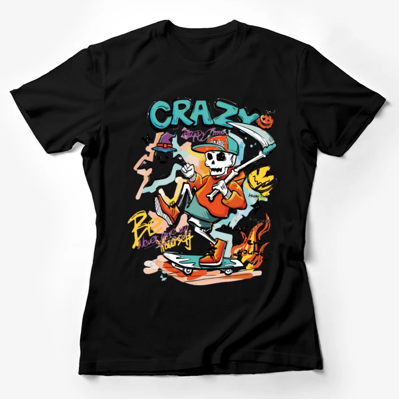 Skelett auf Skateboard beim Crazy Happy Time Damen T-Shirt