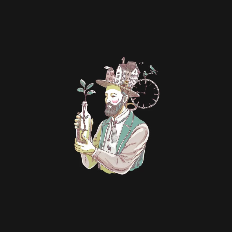 Whimsical Surreal Portrait of Saxophonist with Cityscape Hat Mouse Pad