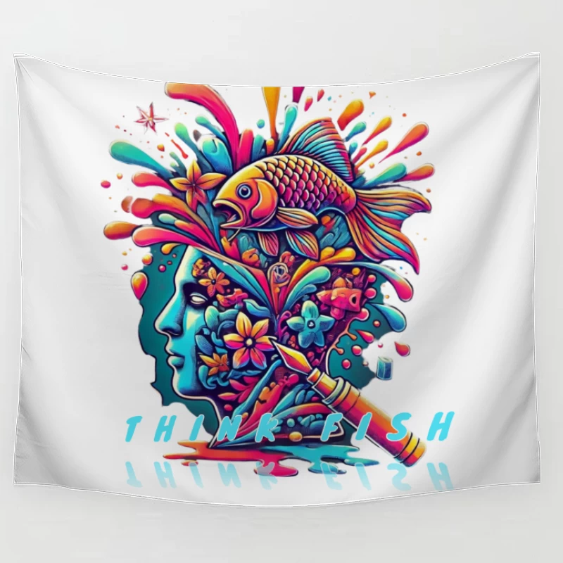 Psychedelic Mind Splash with Fish and Flowers Tapestry