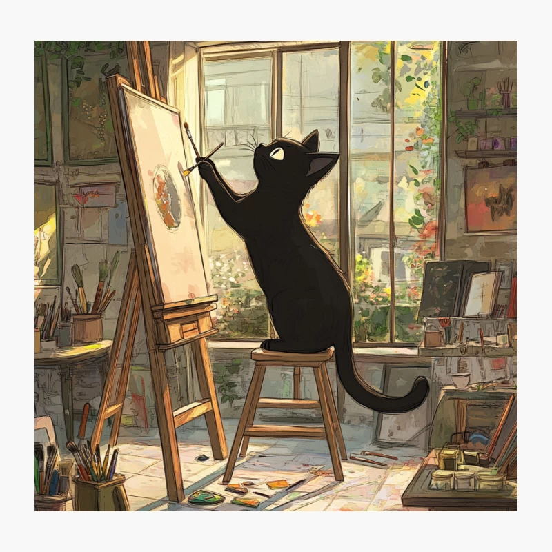 Whimsical Cat Artist in Sunlit Studio Throw Pillow