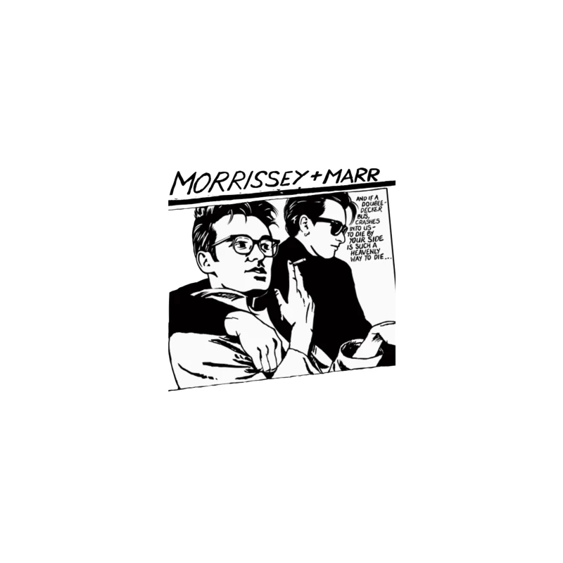 Black and White Comic Style Portrait of Morrissey and Marr with Dark Humor Quote Desk Mat