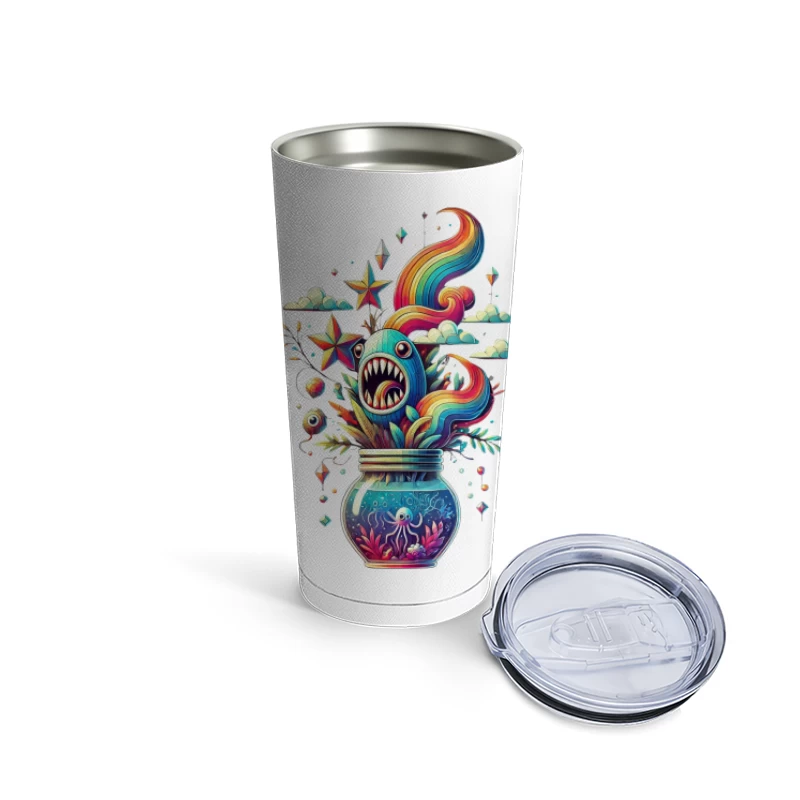 Whimsical Rainbow Sea Monster in a Magical Glass Jar Travel Mug