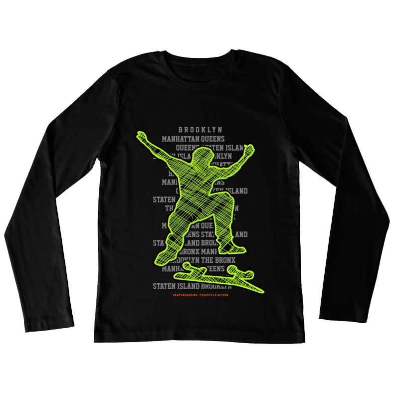 Skateboarder-Silhouette mit Stadttext Damen Langarm T-Shirt