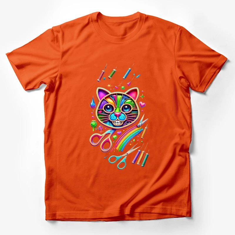 Rainbow Pop Art Cat with Creative Art Supplies Male T-Shirt