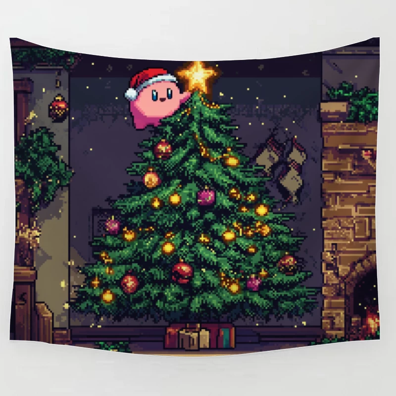 Pixel Art Kirby Decorating Cozy Christmas Tree Tapestry