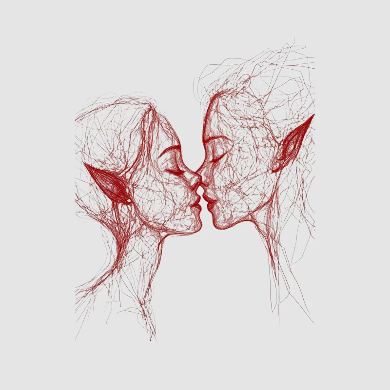 Abstract Red Line Drawing of Kissing Silhouettes Male Pullover Hoodie