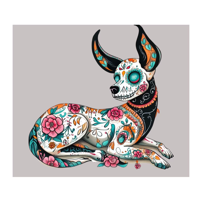 Mexican Day of the Dead Chihuahua with Floral Sugar Skull Design Tapestry