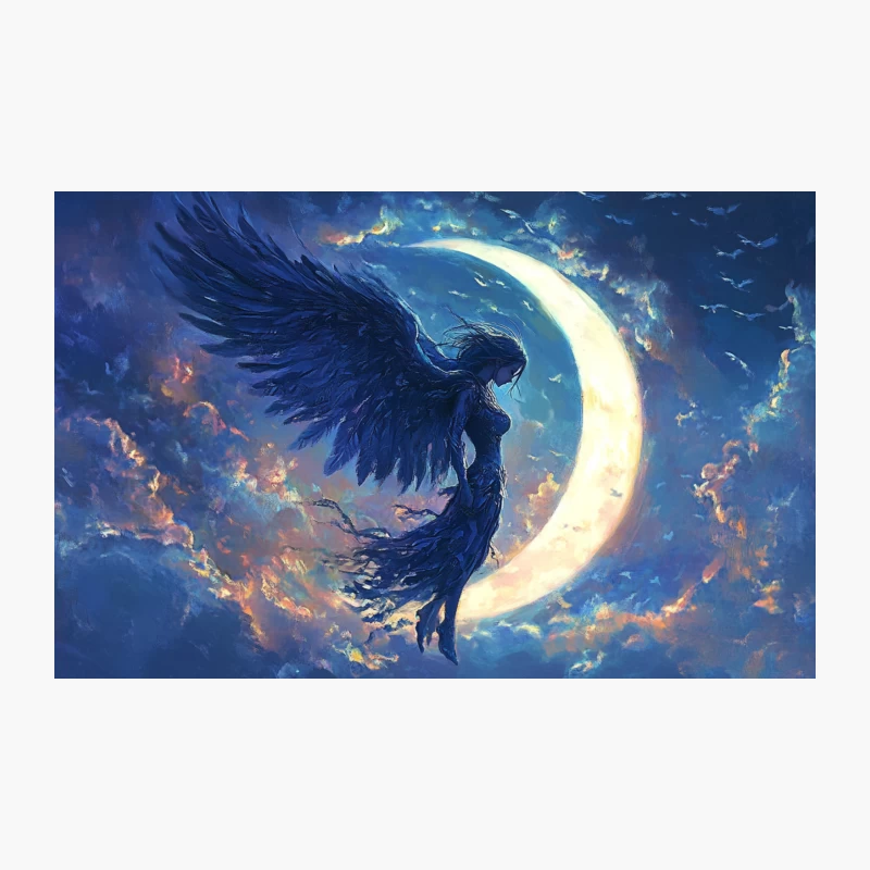Ethereal Winged Woman on Crescent Moon in Fantasy Night Sky Travel Mug