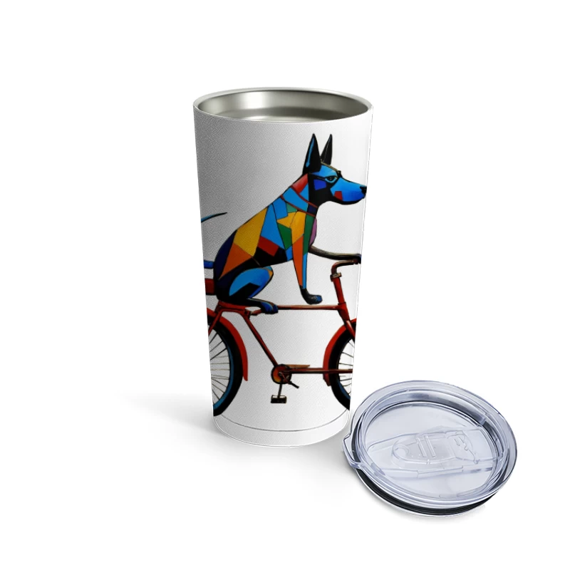 Geometric Colorful Dog Riding Red Bicycle Art Travel Mug