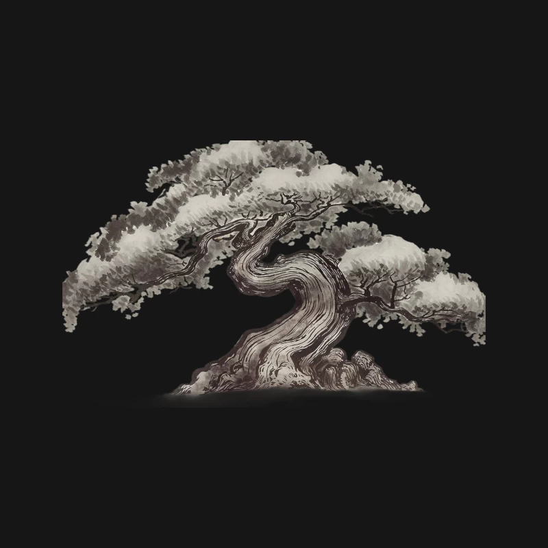Artistic Ink Drawing of Twisted Bonsai Tree in Japanese Style Desk Mat
