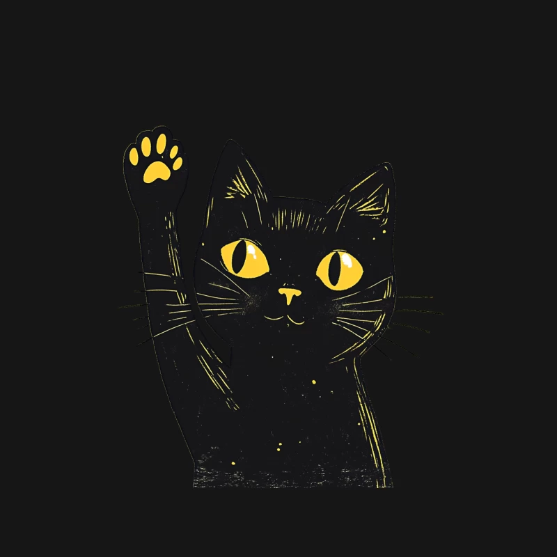 Waving Black Cat: Minimalist Linocut Illustration Mouse Pad
