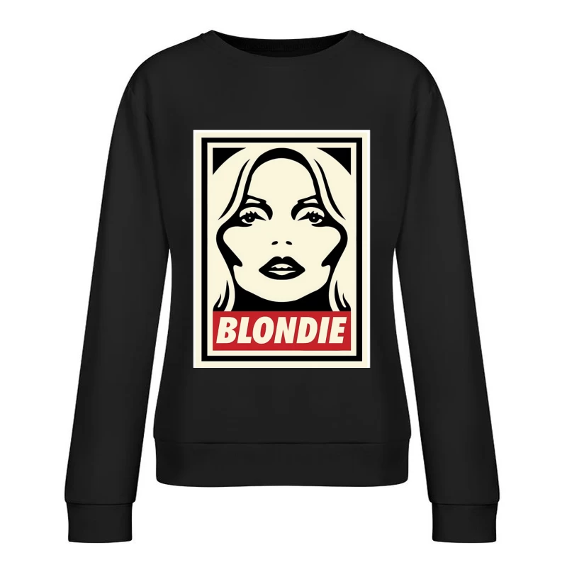 Stylized Pop Art Blondie Band Poster in Black and White with Red Text Female Pullover Sweatshirt