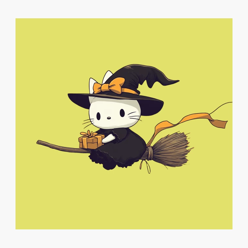 Cute Cartoon Witch Cat on Halloween Broom with Gift Throw Pillow